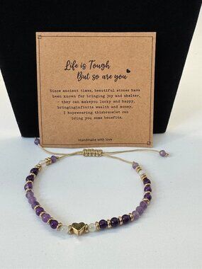Handmade Amethyst Gemstone Beaded Bracelet Gold Heart Adjustable Purple